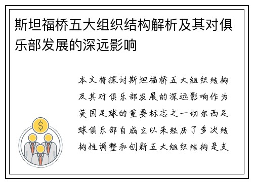 斯坦福桥五大组织结构解析及其对俱乐部发展的深远影响 斯坦福桥五大组织结构解析及其对俱乐部发展的深远影响