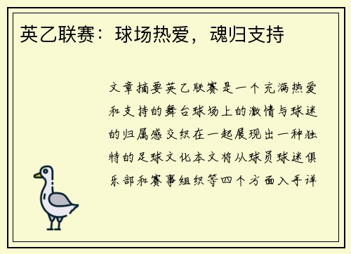 英乙联赛:球场热爱,魂归支持 英乙联赛:球场热爱,魂归支持